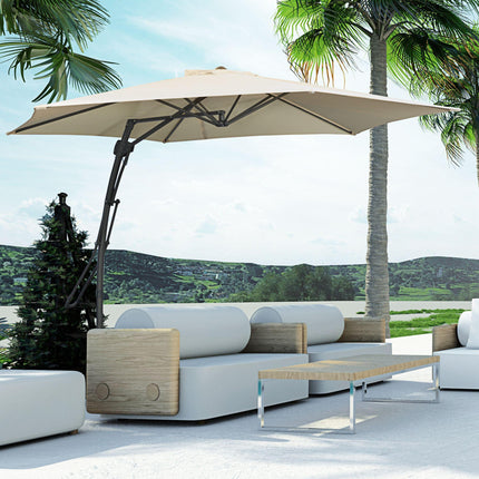 3m Cantilever Patio Parasol with Easy Lever Crank, Cross Base & 6 Metal Ribs - Cream White