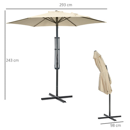 3m Cantilever Patio Parasol with Easy Lever Crank, Cross Base & 6 Metal Ribs - Cream White