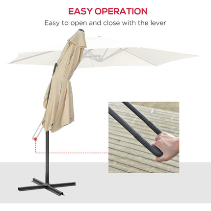 3m Cantilever Patio Parasol with Easy Lever Crank, Cross Base & 6 Metal Ribs - Cream White