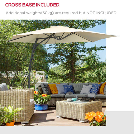 3m Cantilever Patio Parasol with Easy Lever Crank, Cross Base & 6 Metal Ribs - Cream White
