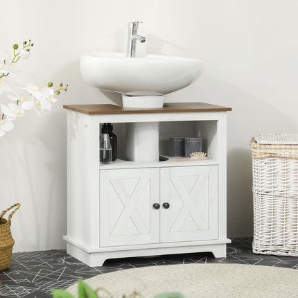 Under Sink Bathroom Vanity Unit with Double Doors and U-Shaped Cut-Out - White