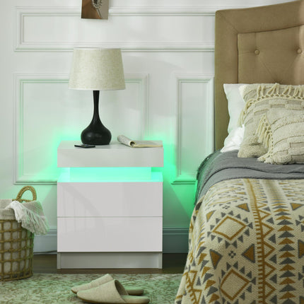 White Bedside Cabinet with LED Light and 2 Drawers - High Gloss Finish