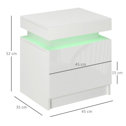 White Bedside Cabinet with LED Light and 2 Drawers - High Gloss Finish
