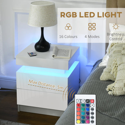 White Bedside Cabinet with LED Light and 2 Drawers - High Gloss Finish