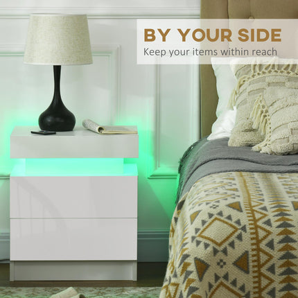 White Bedside Cabinet with LED Light and 2 Drawers - High Gloss Finish