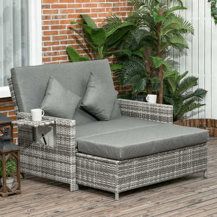2 Seater Outdoor Rattan Daybed Set with Fire Retardant Cushions - Grey