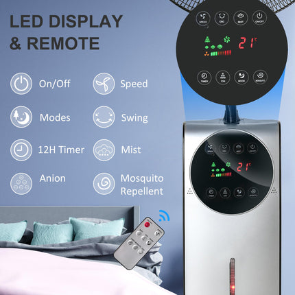 Pedestal Water Mist Spray Fan with Humidifier, Mosquito Killer & 3 Speeds, 3.1L Tank - Black