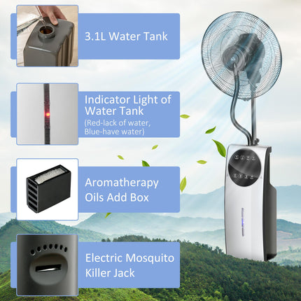 Pedestal Water Mist Spray Fan with Humidifier, Mosquito Killer & 3 Speeds, 3.1L Tank - Black