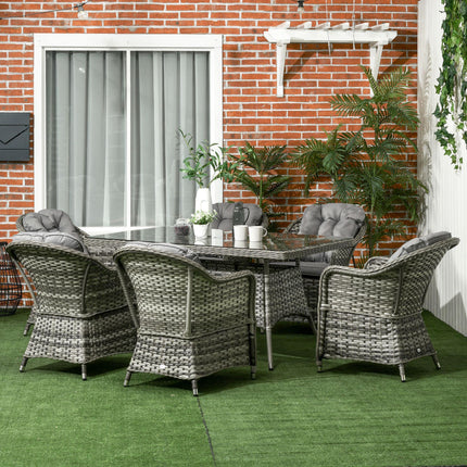 7-Piece PE Rattan Patio Dining Set with Tempered Glass Table & Cushions - Grey