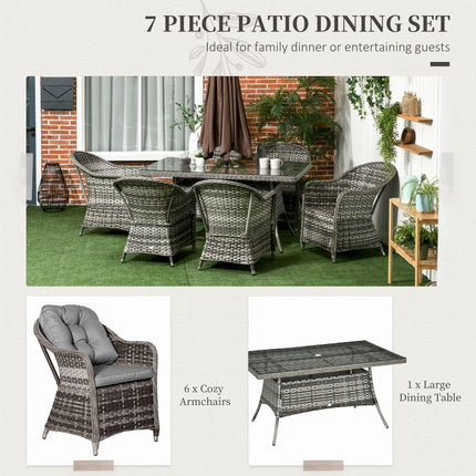 7-Piece PE Rattan Patio Dining Set with Tempered Glass Table & Cushions - Grey