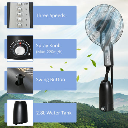 Pedestal Standing Fan with 2.8L Water Mist Spray, 3 Speeds, Oscillating Humidifying Fan - Black