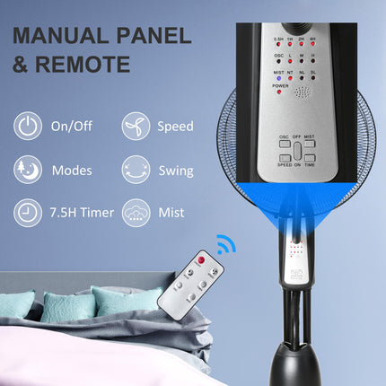 Pedestal Fan with 2.8L Water Mist Spray, 3 Speeds, Timer & Remote Control - Black