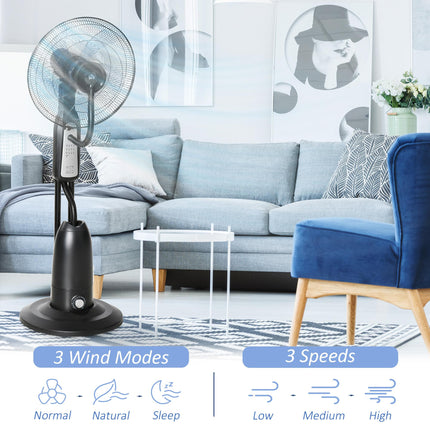 Pedestal Fan with 2.8L Water Mist Spray, 3 Speeds, Timer & Remote Control - Black