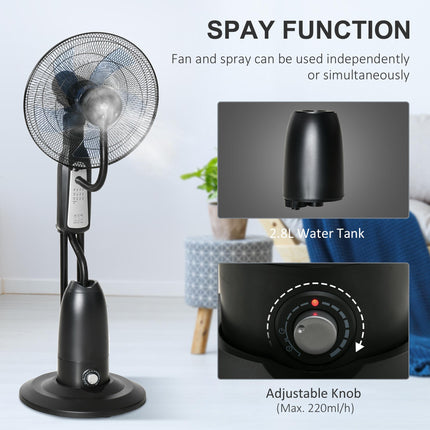 Pedestal Fan with 2.8L Water Mist Spray, 3 Speeds, Timer & Remote Control - Black