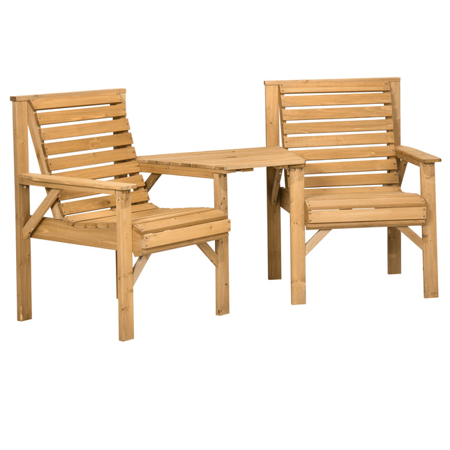Wooden Garden Love Seat 2-Seater with Coffee Table & Parasol Hole - Brown