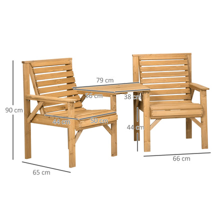 Wooden Garden Love Seat 2-Seater with Coffee Table & Parasol Hole - Brown