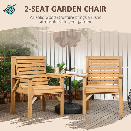 Wooden Garden Love Seat 2-Seater with Coffee Table & Parasol Hole - Brown