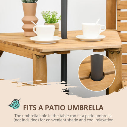 Wooden Garden Love Seat 2-Seater with Coffee Table & Parasol Hole - Brown