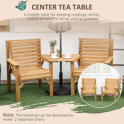 Wooden Garden Love Seat 2-Seater with Coffee Table & Parasol Hole - Brown