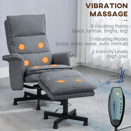 Massage Swivel Recliner Chair with Footstool, Remote Control, Timer & Steel Base - Grey