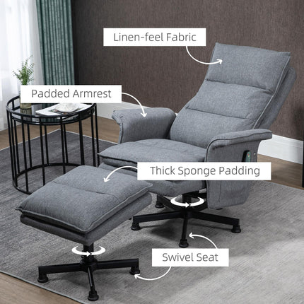 Massage Swivel Recliner Chair with Footstool, Remote Control, Timer & Steel Base - Grey