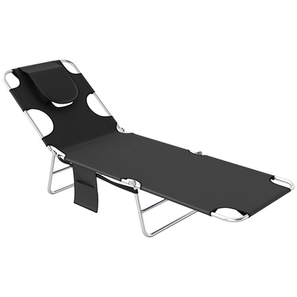 Foldable Sun Lounger with 5-Position Adjustable Backrest, Reading Hole, Arm Slots, Side Pocket & Pillow - Black