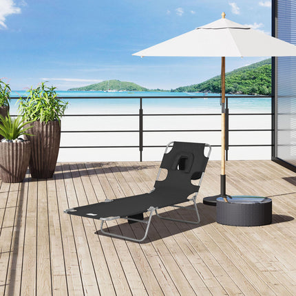 Foldable Sun Lounger with 5-Position Adjustable Backrest, Reading Hole, Arm Slots, Side Pocket & Pillow - Black