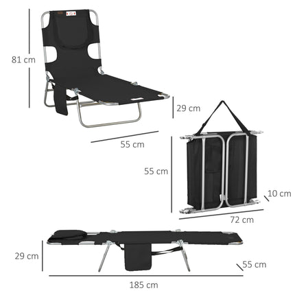 Foldable Sun Lounger with 5-Position Adjustable Backrest, Reading Hole, Arm Slots, Side Pocket & Pillow - Black