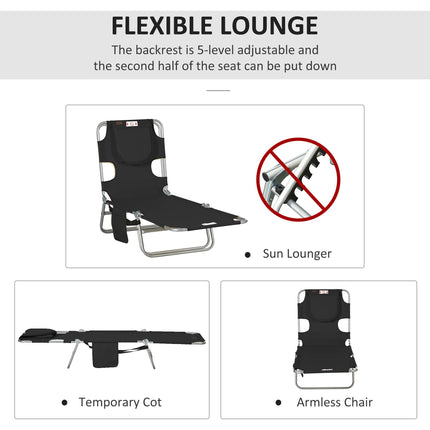 Foldable Sun Lounger with 5-Position Adjustable Backrest, Reading Hole, Arm Slots, Side Pocket & Pillow - Black