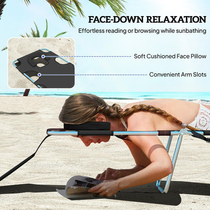 Foldable Sun Lounger with 5-Position Adjustable Backrest, Reading Hole, Arm Slots, Side Pocket & Pillow - Black