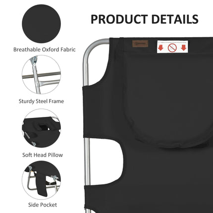 Foldable Sun Lounger with 5-Position Adjustable Backrest, Reading Hole, Arm Slots, Side Pocket & Pillow - Black