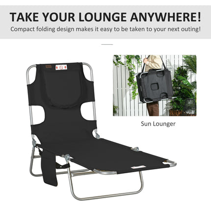 Foldable Sun Lounger with 5-Position Adjustable Backrest, Reading Hole, Arm Slots, Side Pocket & Pillow - Black