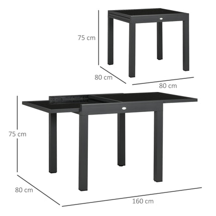 Extending Outdoor Dining Table with Aluminium Frame and Tempered Glass 160cm - Black