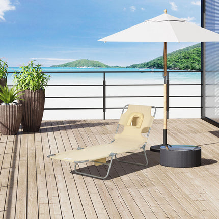Foldable Sun Lounger with 5-Position Adjustable Backrest, Reading Hole, Arm Slots, Side Pocket & Pillow - Beige