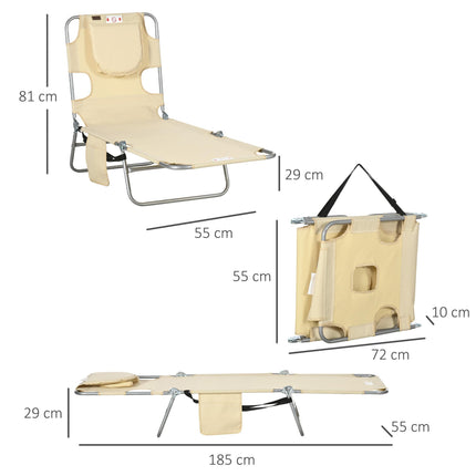 Foldable Sun Lounger with 5-Position Adjustable Backrest, Reading Hole, Arm Slots, Side Pocket & Pillow - Beige