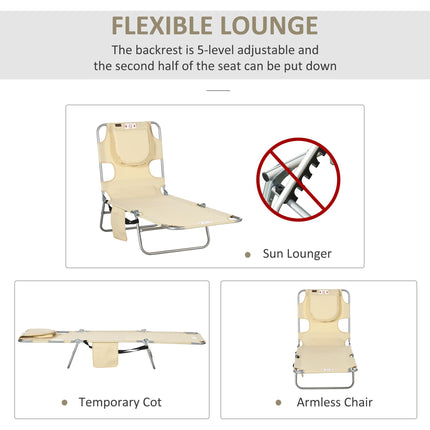 Foldable Sun Lounger with 5-Position Adjustable Backrest, Reading Hole, Arm Slots, Side Pocket & Pillow - Beige