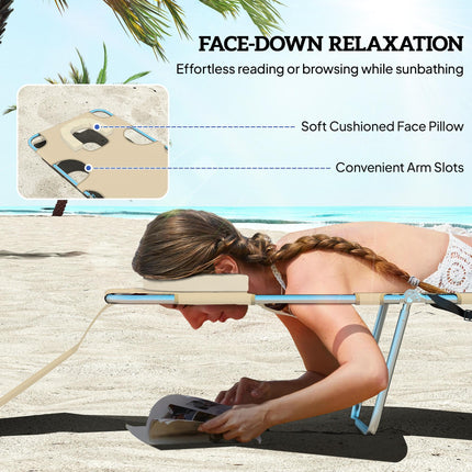 Foldable Sun Lounger with 5-Position Adjustable Backrest, Reading Hole, Arm Slots, Side Pocket & Pillow - Beige