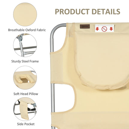 Foldable Sun Lounger with 5-Position Adjustable Backrest, Reading Hole, Arm Slots, Side Pocket & Pillow - Beige