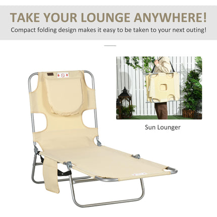 Foldable Sun Lounger with 5-Position Adjustable Backrest, Reading Hole, Arm Slots, Side Pocket & Pillow - Beige