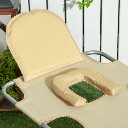 Foldable Sun Lounger with 5-Position Adjustable Backrest, Reading Hole, Arm Slots, Side Pocket & Pillow - Beige
