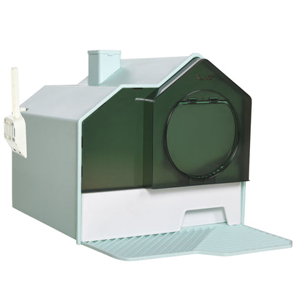 Hooded Cat Litter Tray with Scoop and Deodorizer - Light Blue