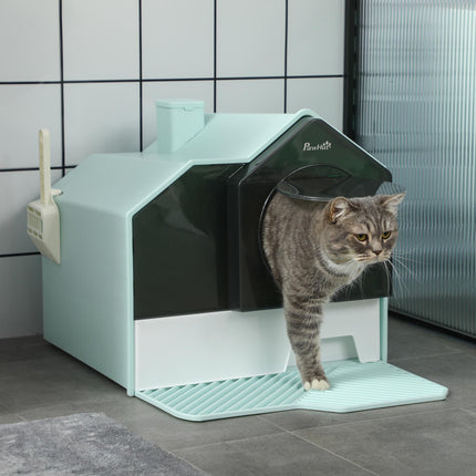 Hooded Cat Litter Tray with Scoop and Deodorizer - Light Blue