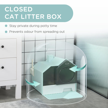 Hooded Cat Litter Tray with Scoop and Deodorizer - Light Blue