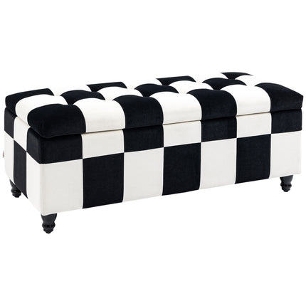 Velvet Storage Ottoman 114x47x47cm Button-Tufted Footstool Toy Chest with Lid - White & Black