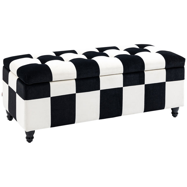 Velvet Storage Ottoman 114x47x47cm Button-Tufted Footstool Toy Chest with Lid - White & Black