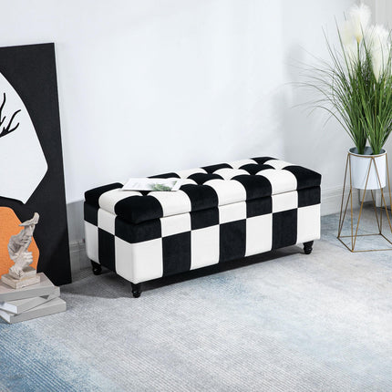 Velvet Storage Ottoman 114x47x47cm Button-Tufted Footstool Toy Chest with Lid - White & Black