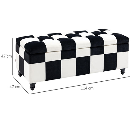 Velvet Storage Ottoman 114x47x47cm Button-Tufted Footstool Toy Chest with Lid - White & Black