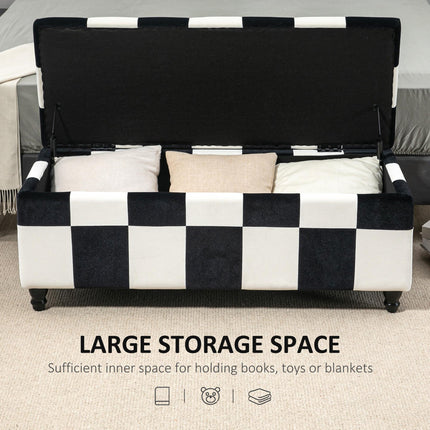Velvet Storage Ottoman 114x47x47cm Button-Tufted Footstool Toy Chest with Lid - White & Black