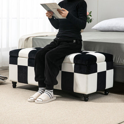 Velvet Storage Ottoman 114x47x47cm Button-Tufted Footstool Toy Chest with Lid - White & Black