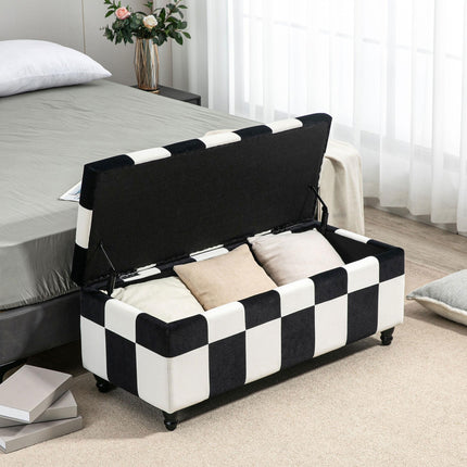 Velvet Storage Ottoman 114x47x47cm Button-Tufted Footstool Toy Chest with Lid - White & Black
